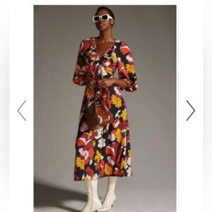 Anthropologie Maeve deep V ruched Maxi Dress - Black, Orange, Pink